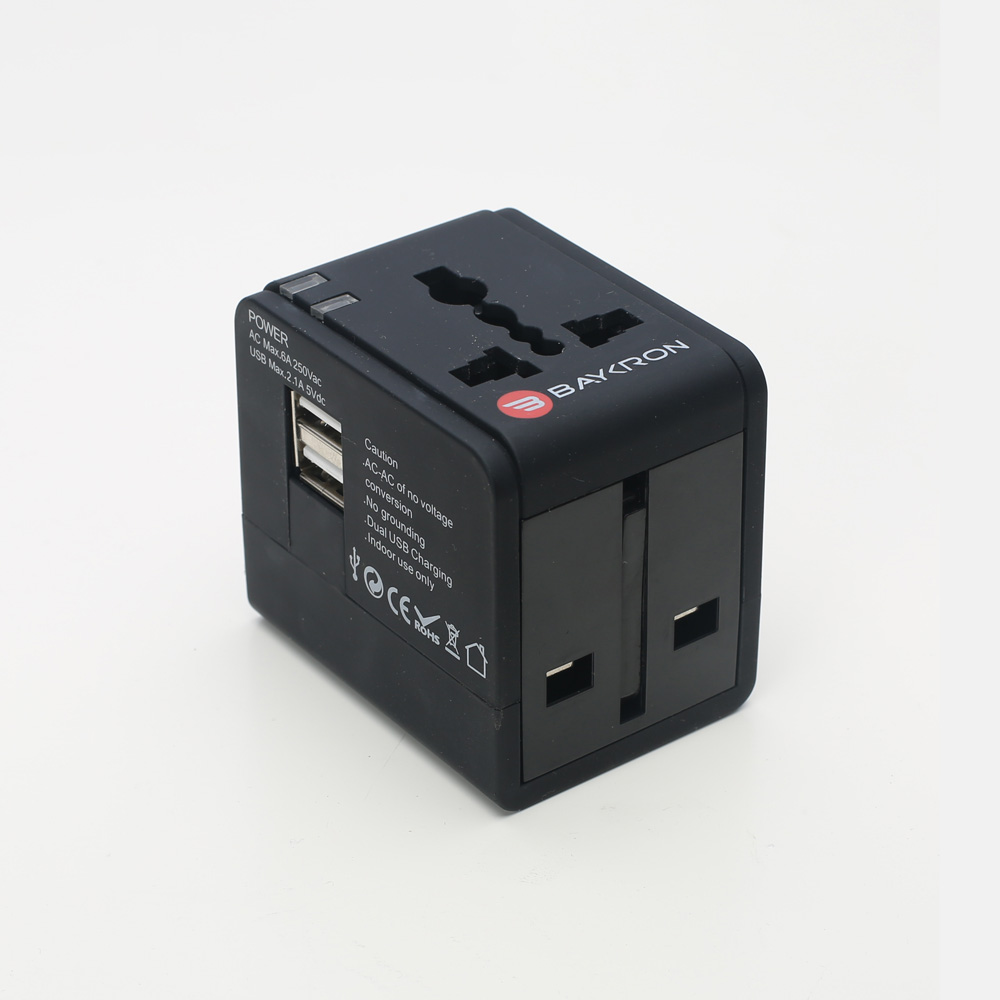 Baykron Universal adapter with 2 USB ITC005 BLACK-8-1
